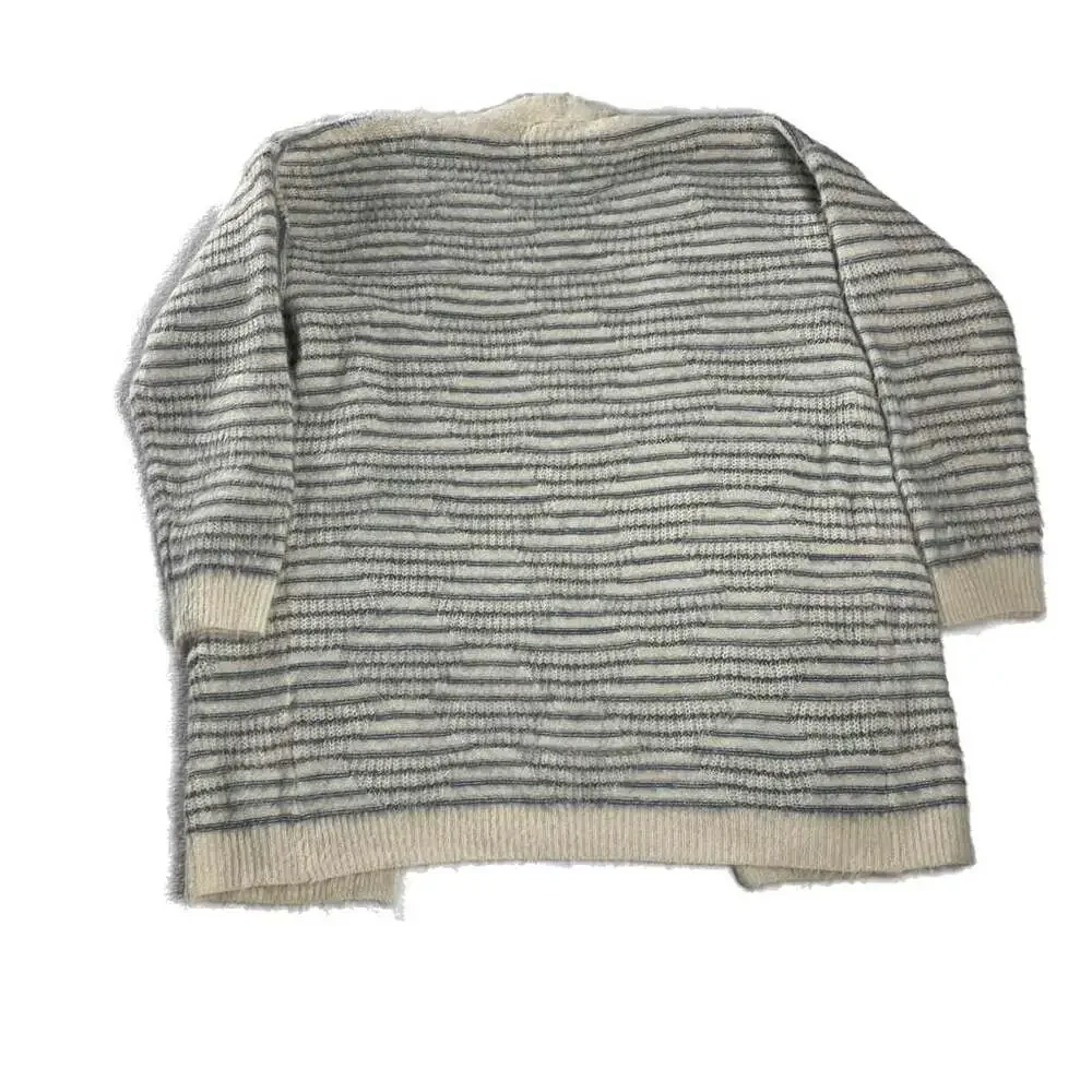 Mia & Tess Cream Blue Striped Fuzzy Open Front‎ Long Cardigan Sweater M/L